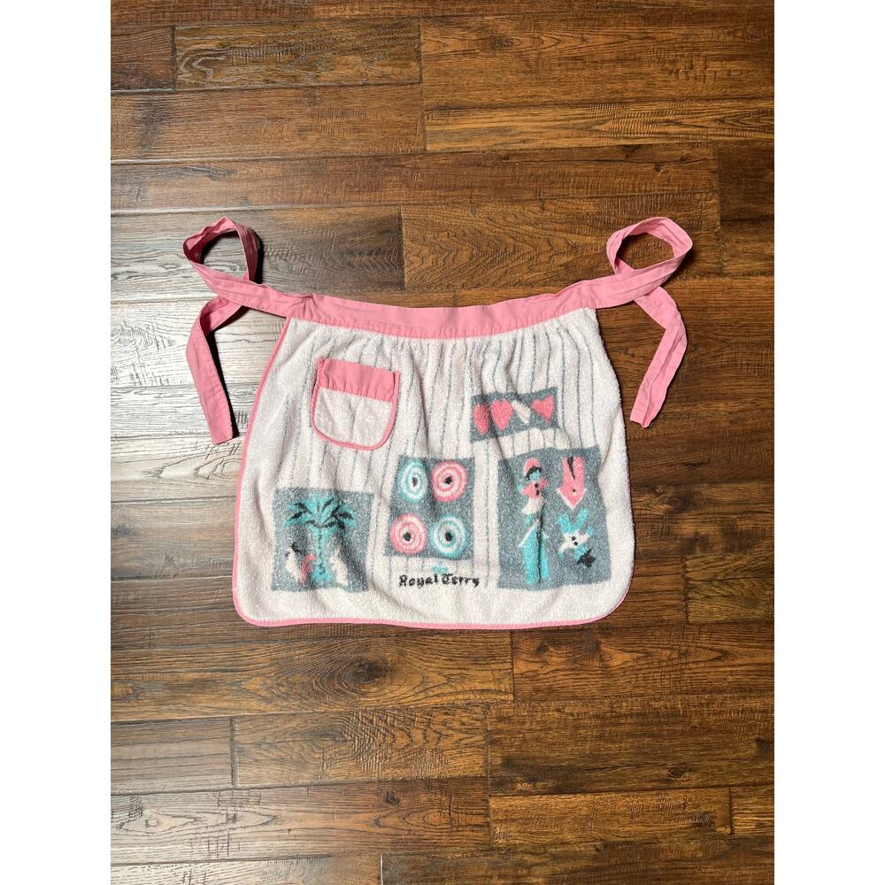 Vintage Clothing - Terry Cloth Half Apron - Mid Century House Scene Royal Terry